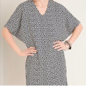 Chico's Sz 0 Small Black & White Y2K Beach Mini Dress V Neck Tunic Resortwear